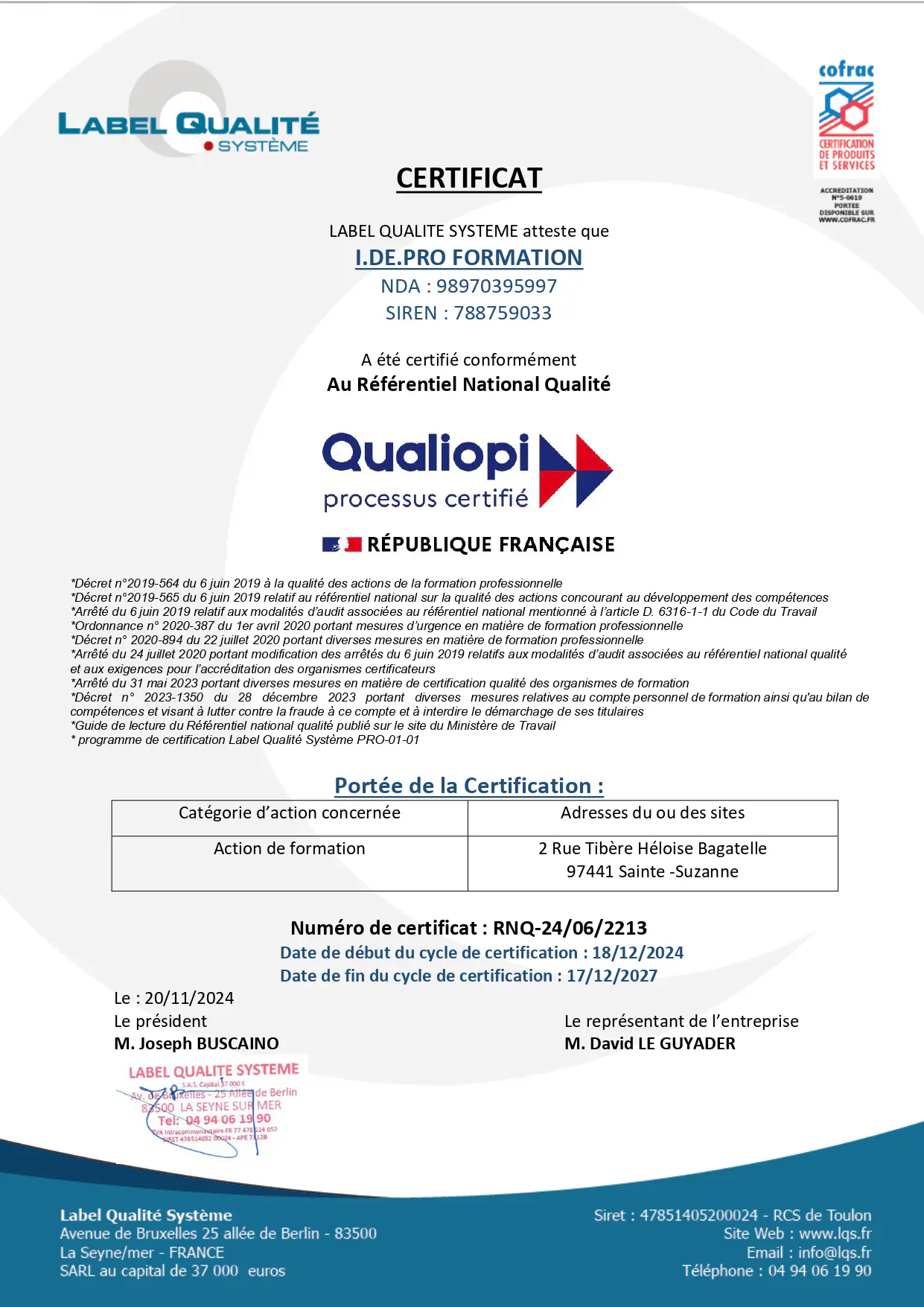 Notre certificat Qualiopi Certificat Qualiopi — Idepro Formation